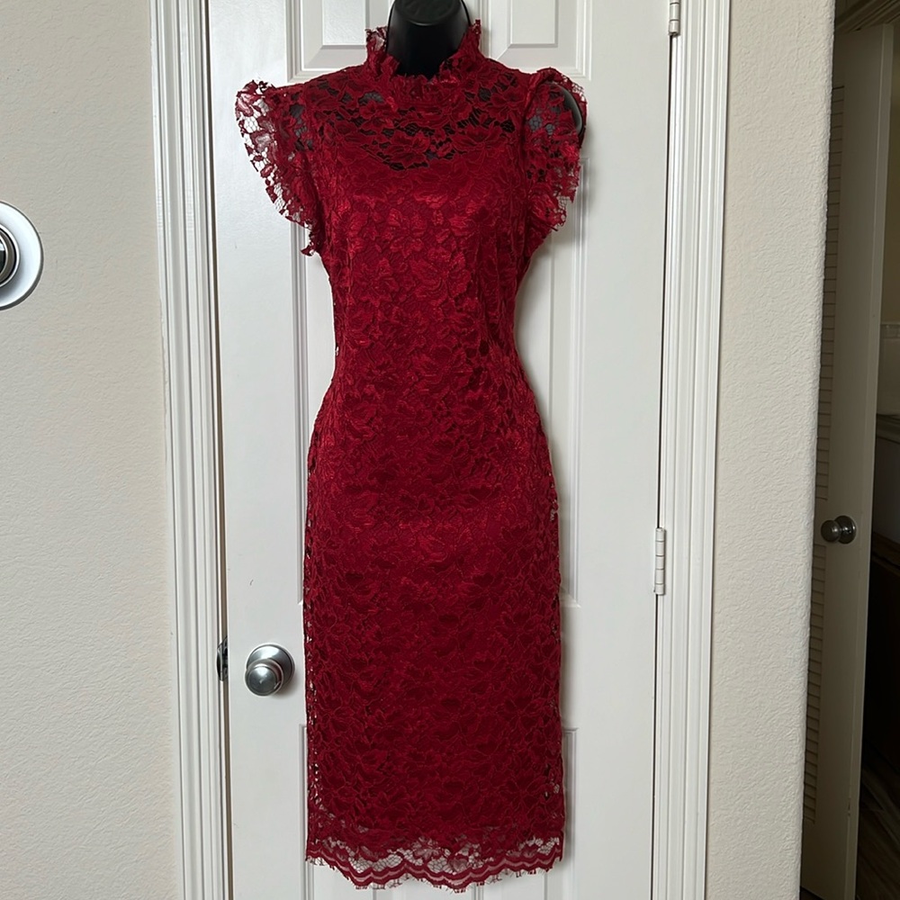 Cap sleeve red lace dress mid calf length. Excellent condition size 8